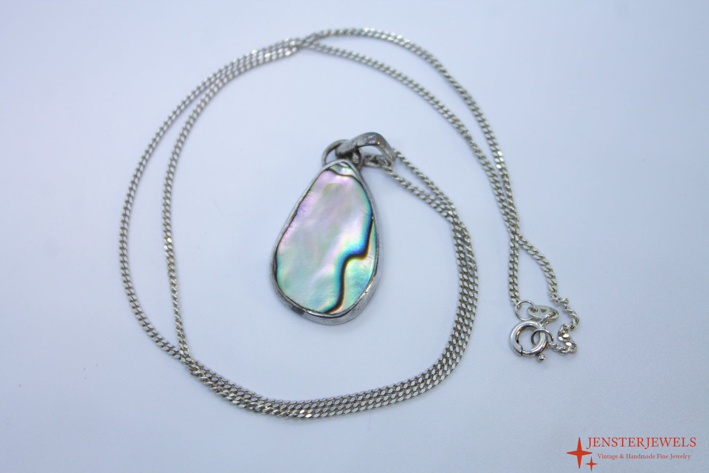 Vintage Sterling Silver Abalone Shell Pendant Necklace 19 1/2"