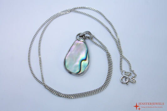 Vintage Sterling Silver Abalone Shell Pendant Necklace 19 1/2"