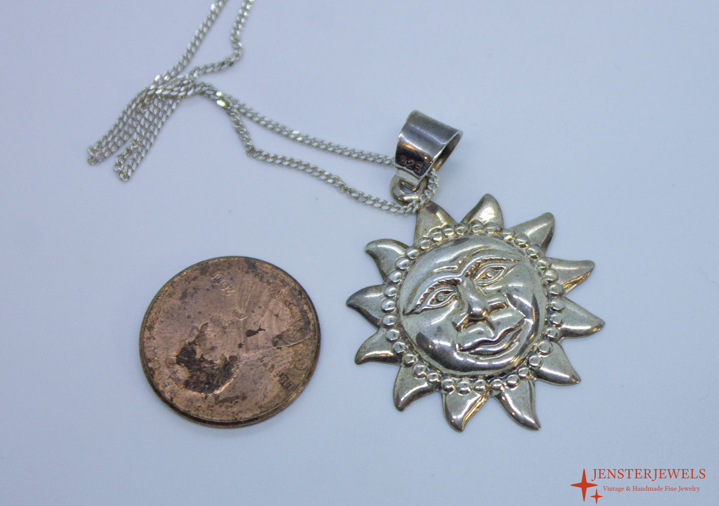 Vintage Sterling Silver Smiling Sun Pendant Necklace 19 1/2"
