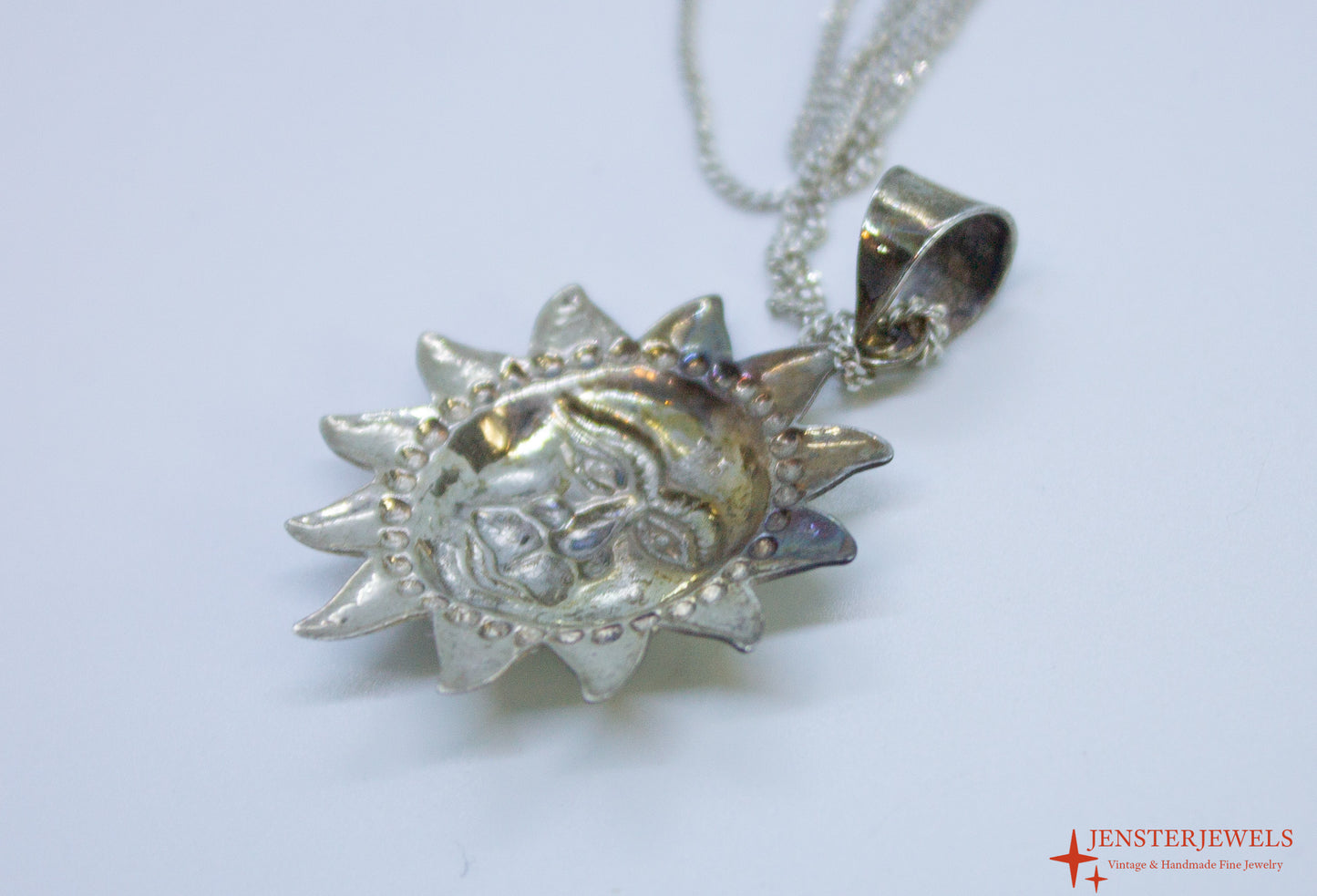 Vintage Sterling Silver Smiling Sun Pendant Necklace 19 1/2"