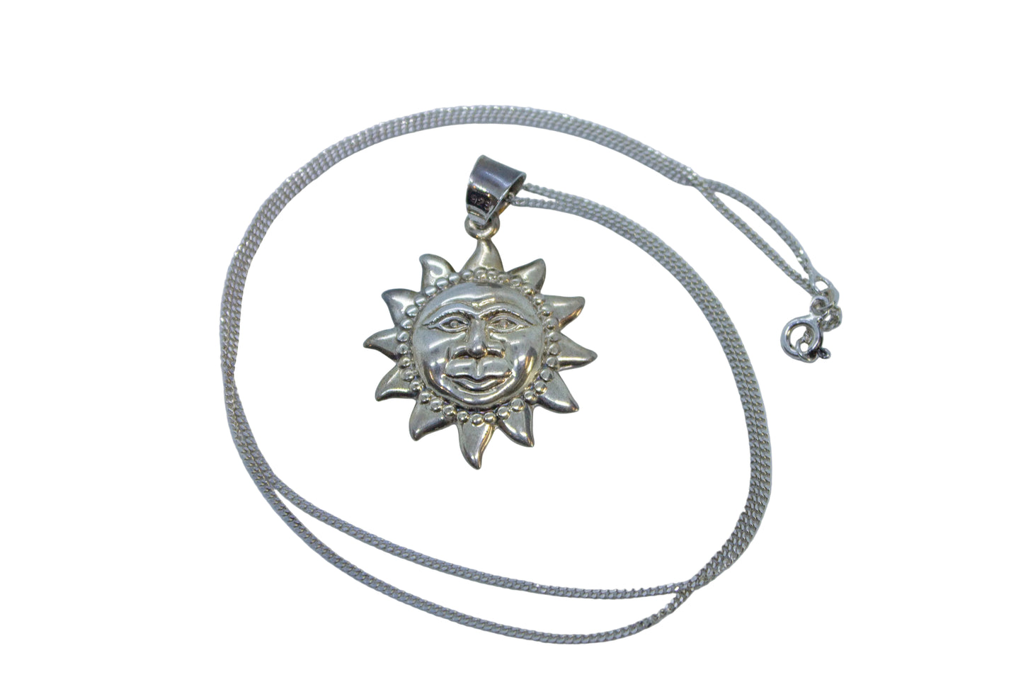 Vintage Sterling Silver Smiling Sun Pendant Necklace 19 1/2"