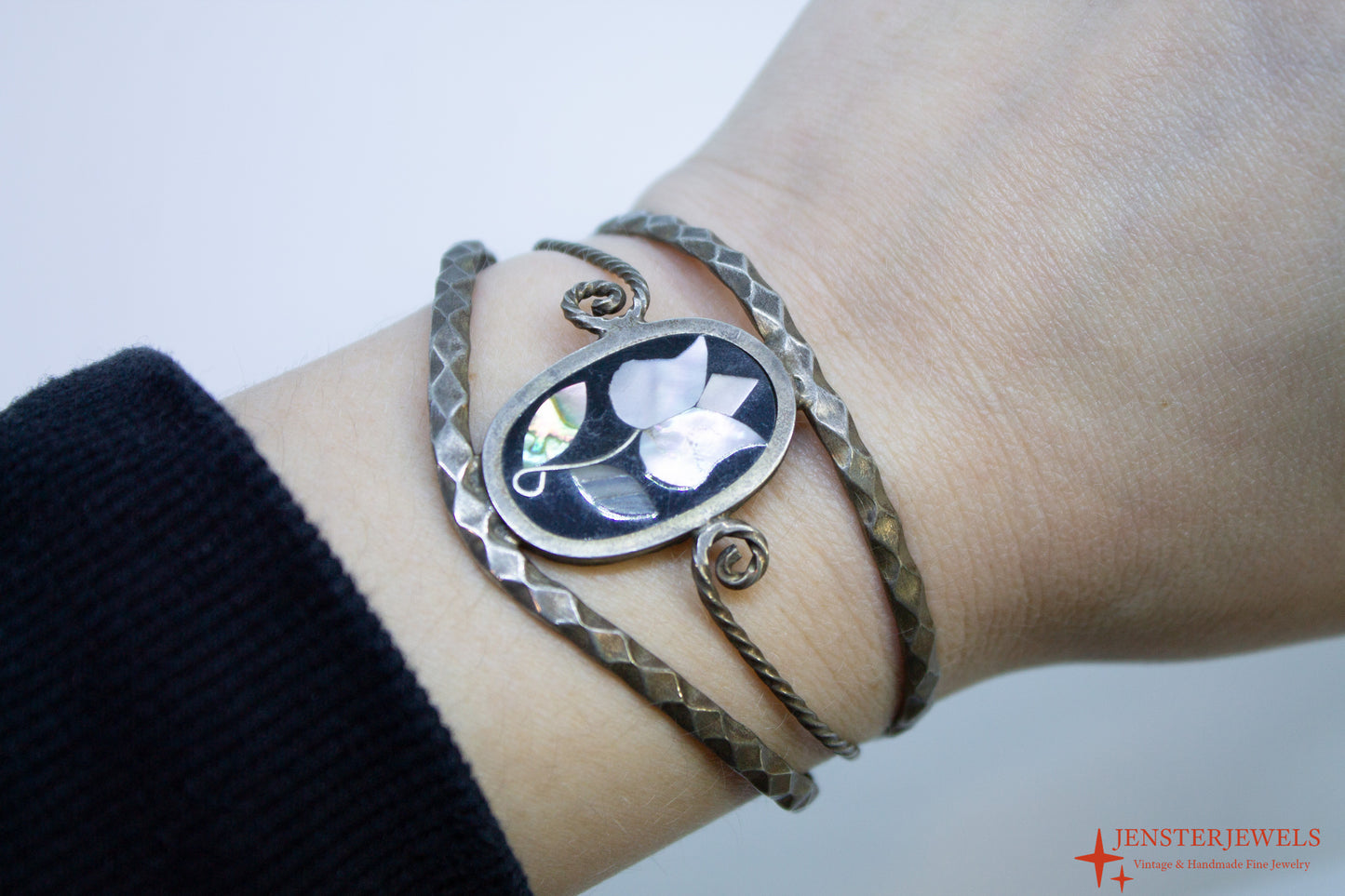Vintage Mexican Alpaca Silver Floral Inlay Cuff Bracelet