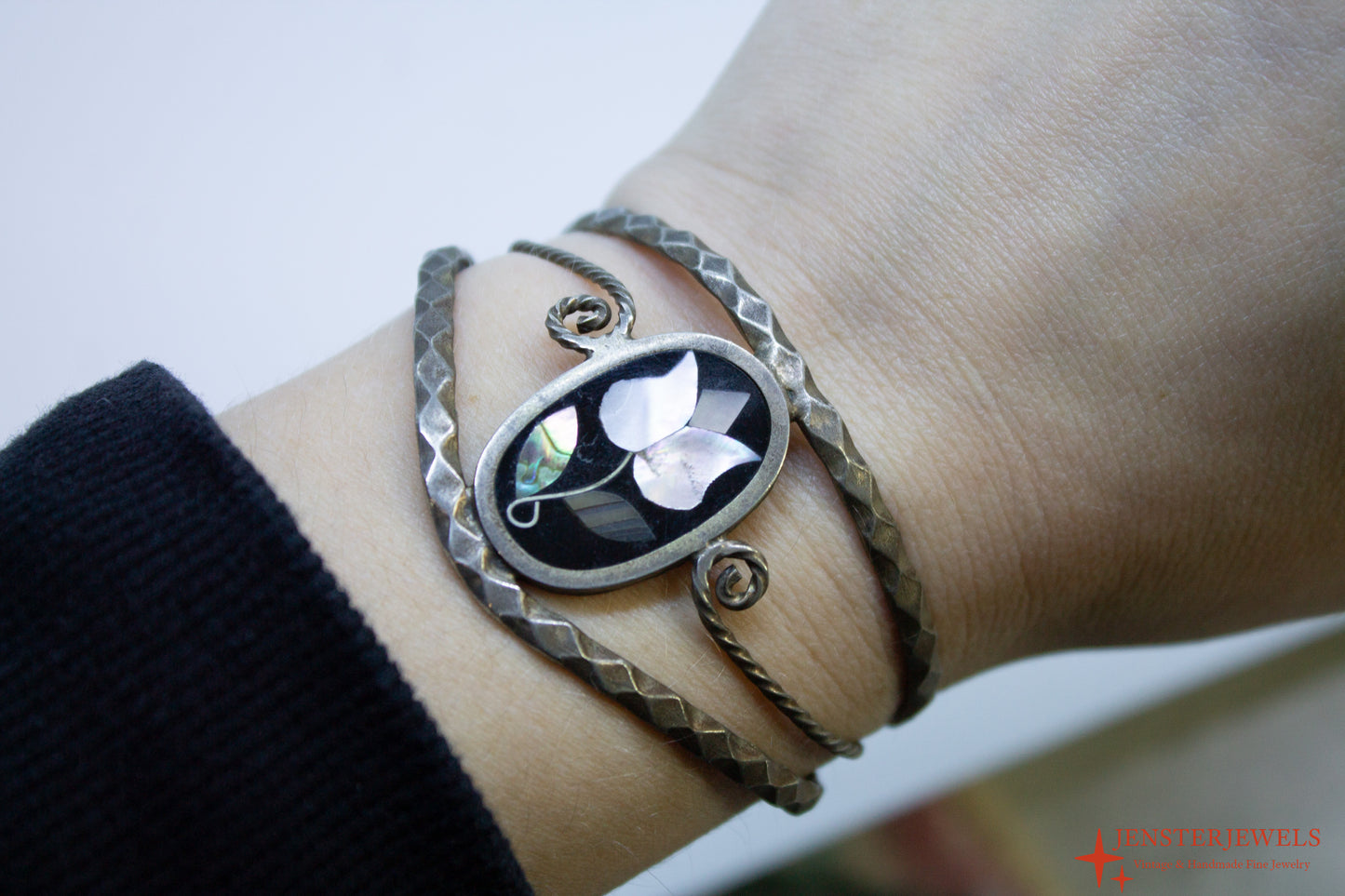 Vintage Mexican Alpaca Silver Floral Inlay Cuff Bracelet