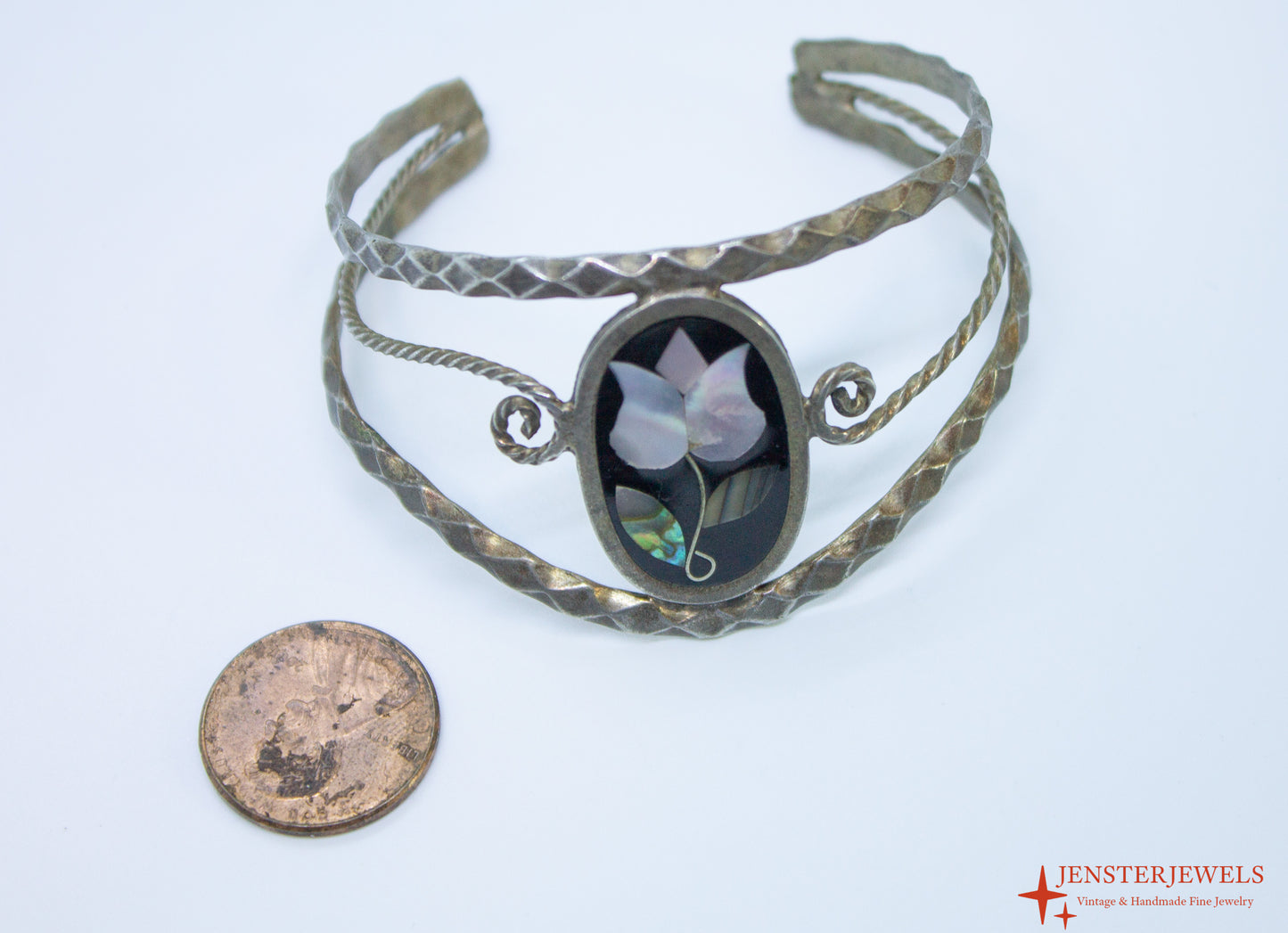 Vintage Mexican Alpaca Silver Floral Inlay Cuff Bracelet