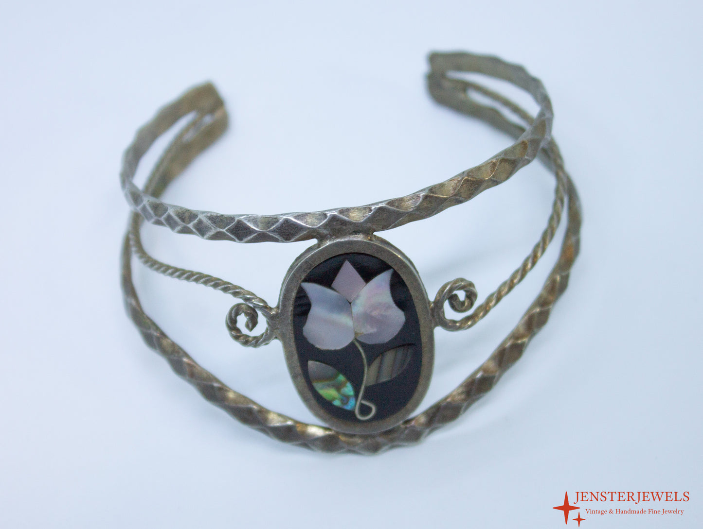 Vintage Mexican Alpaca Silver Floral Inlay Cuff Bracelet