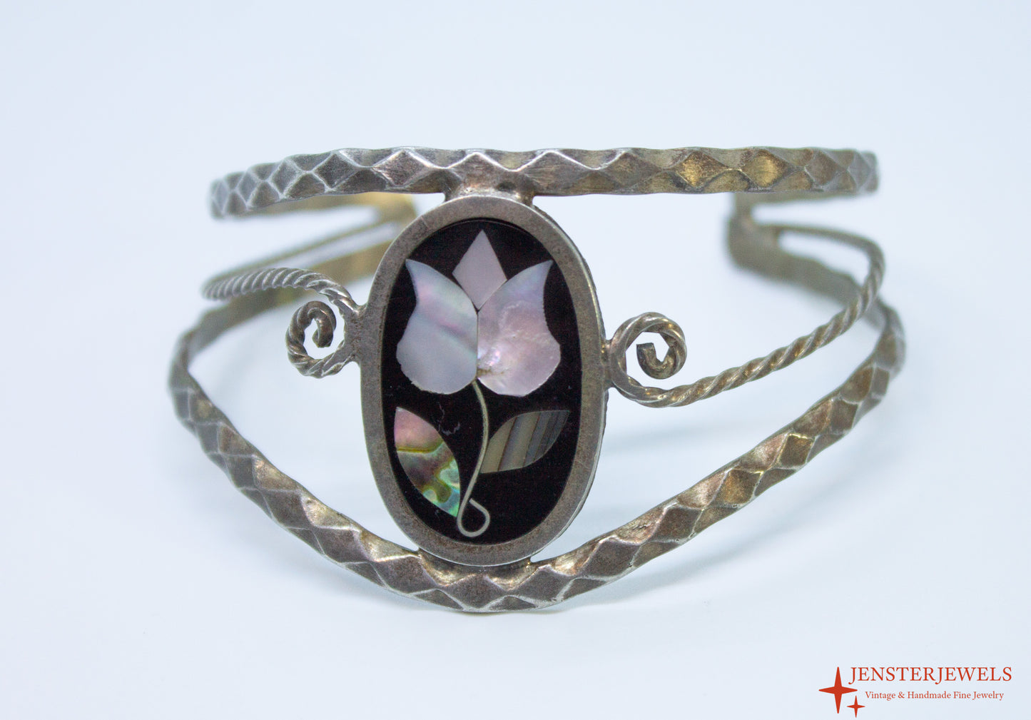 Vintage Mexican Alpaca Silver Floral Inlay Cuff Bracelet