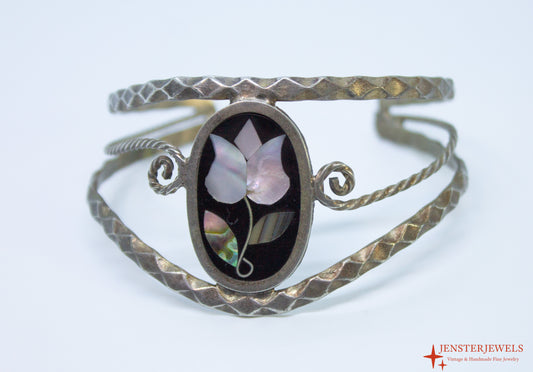 Vintage Mexican Alpaca Silver Floral Inlay Cuff Bracelet