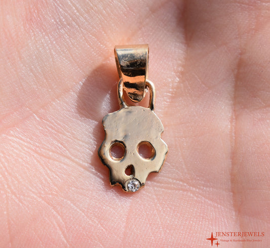 Handmade 14k Yellow Gold CZ Skull Pendant