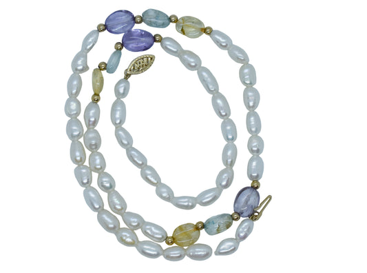 Vintage 14k Yellow Gold Gemstone & Pearl Necklace 19"