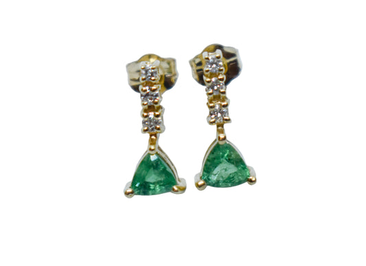 Vintage 14k Yellow Gold Emerald & Diamond Stud Earrings