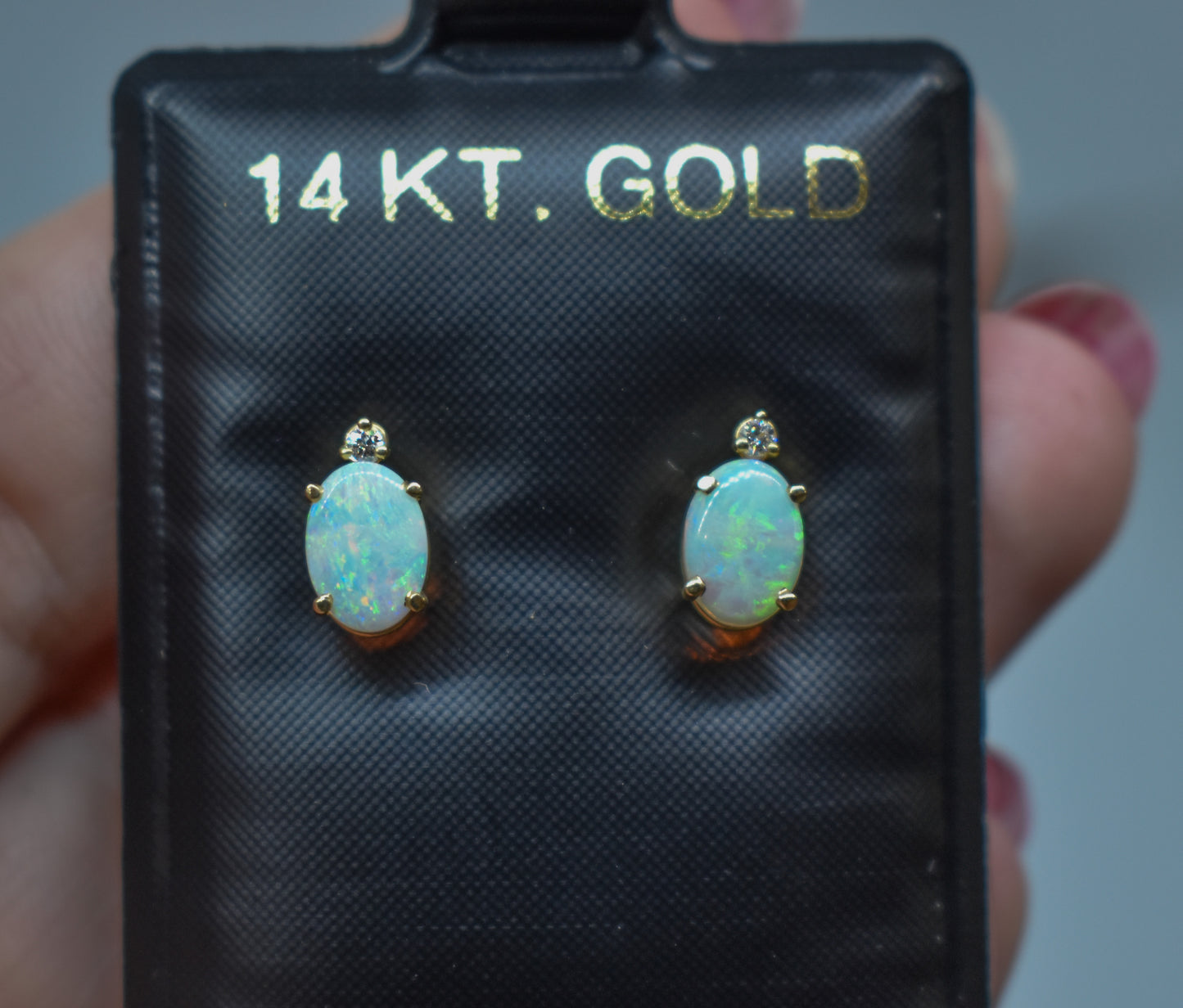 Vintage 14k Yellow Gold Opal & Diamond Stud Earrings