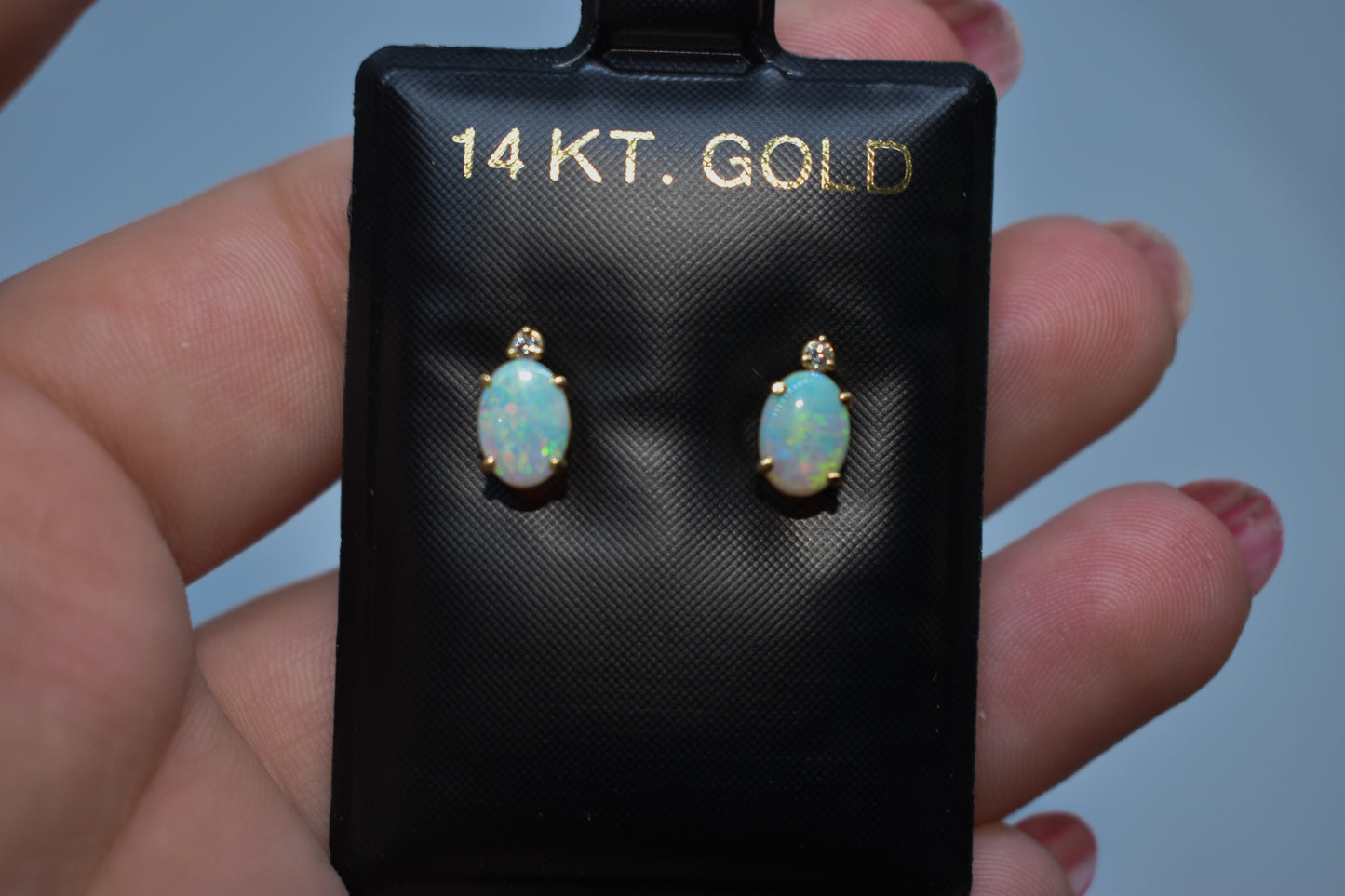 Vintage 14k Yellow Gold Opal & Diamond Stud Earrings