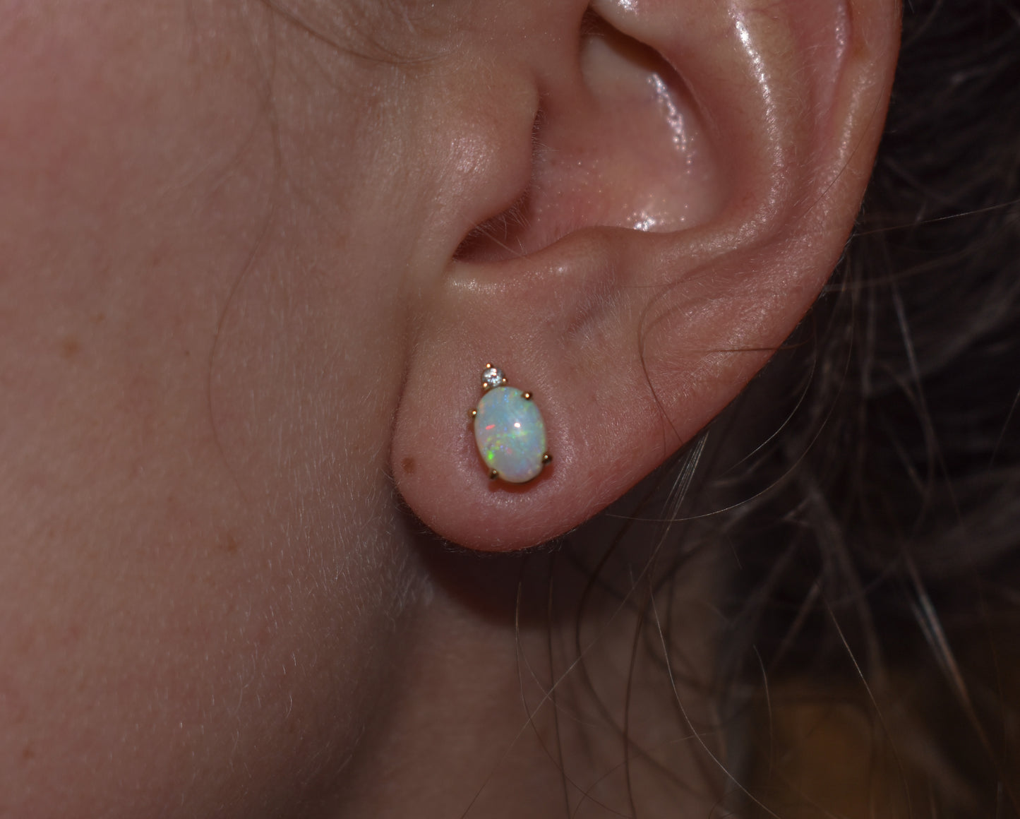 Vintage 14k Yellow Gold Opal & Diamond Stud Earrings