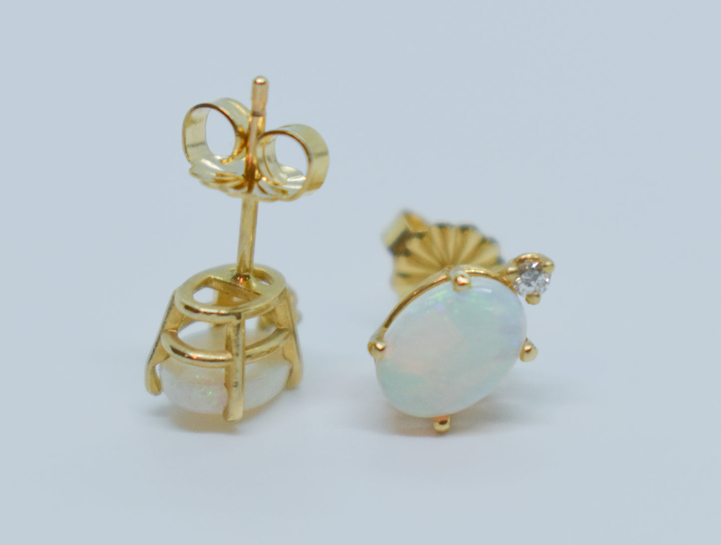 Vintage 14k Yellow Gold Opal & Diamond Stud Earrings
