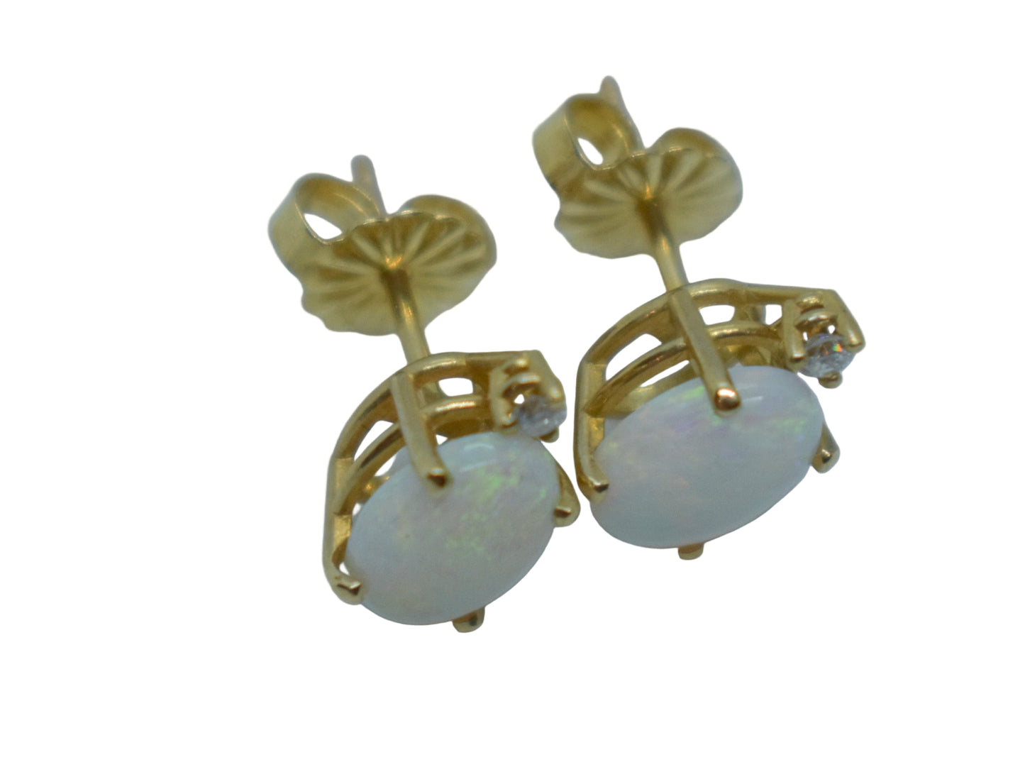Vintage 14k Yellow Gold Opal & Diamond Stud Earrings
