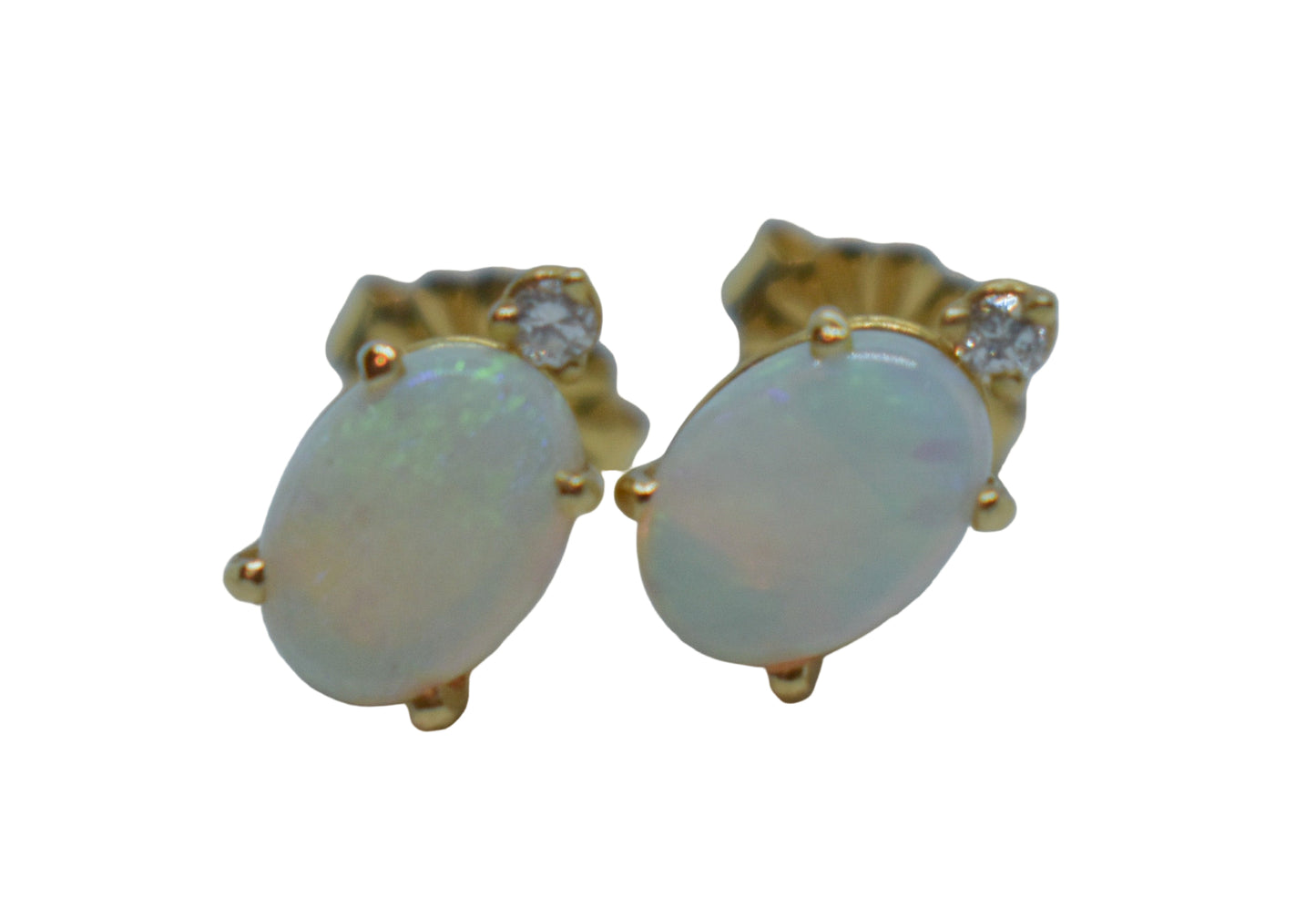 Vintage 14k Yellow Gold Opal & Diamond Stud Earrings