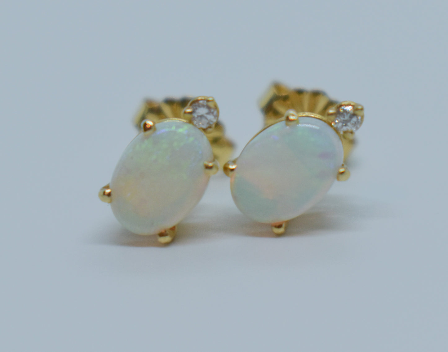 Vintage 14k Yellow Gold Opal & Diamond Stud Earrings
