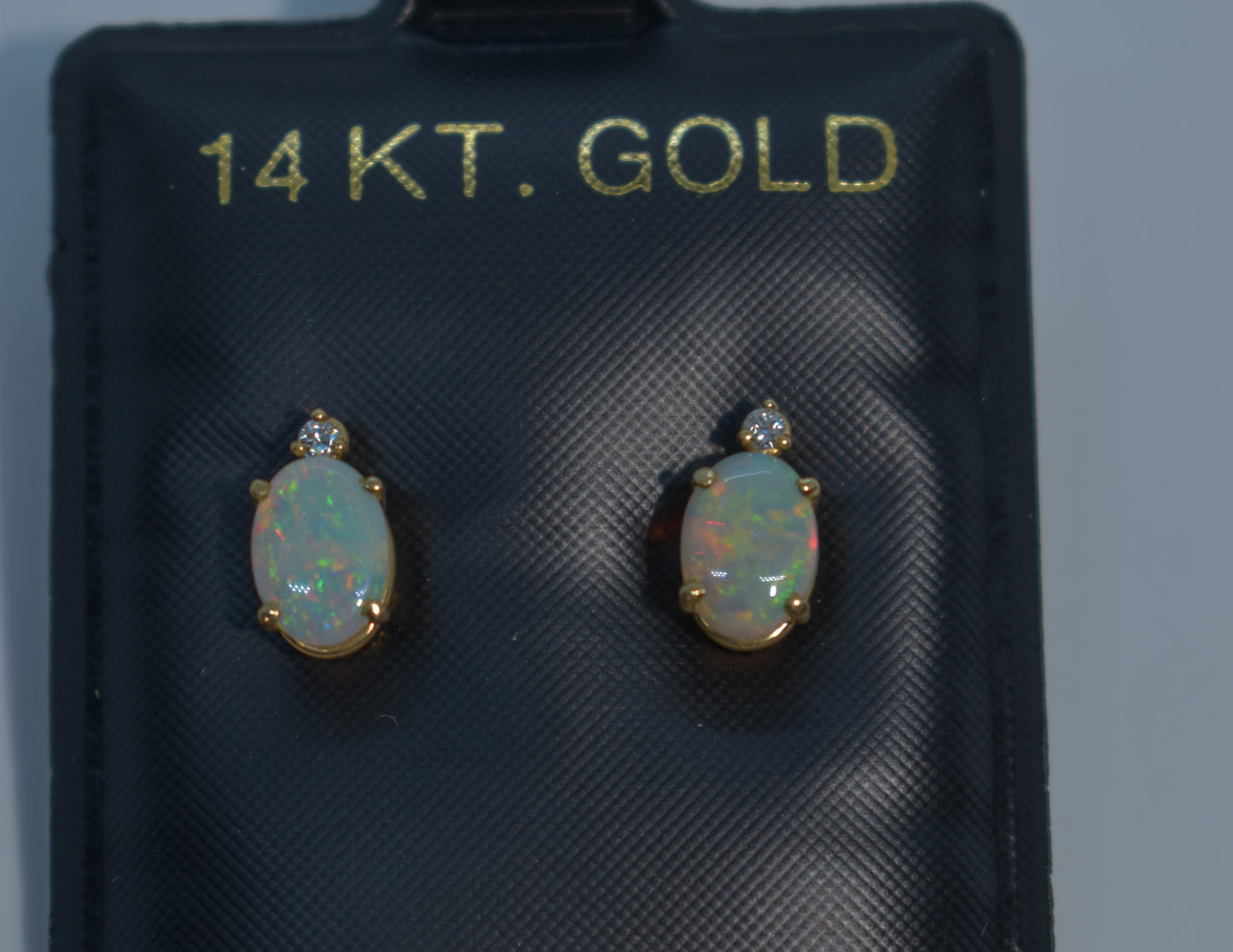 Vintage 14k Yellow Gold Opal & Diamond Stud Earrings