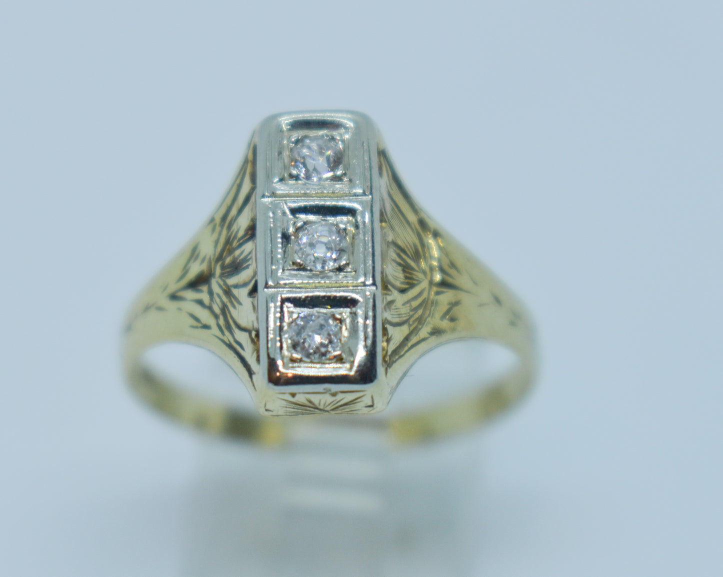Antique 14k Yellow Gold Diamond Engraved Art Deco Dinner Ring Size 7