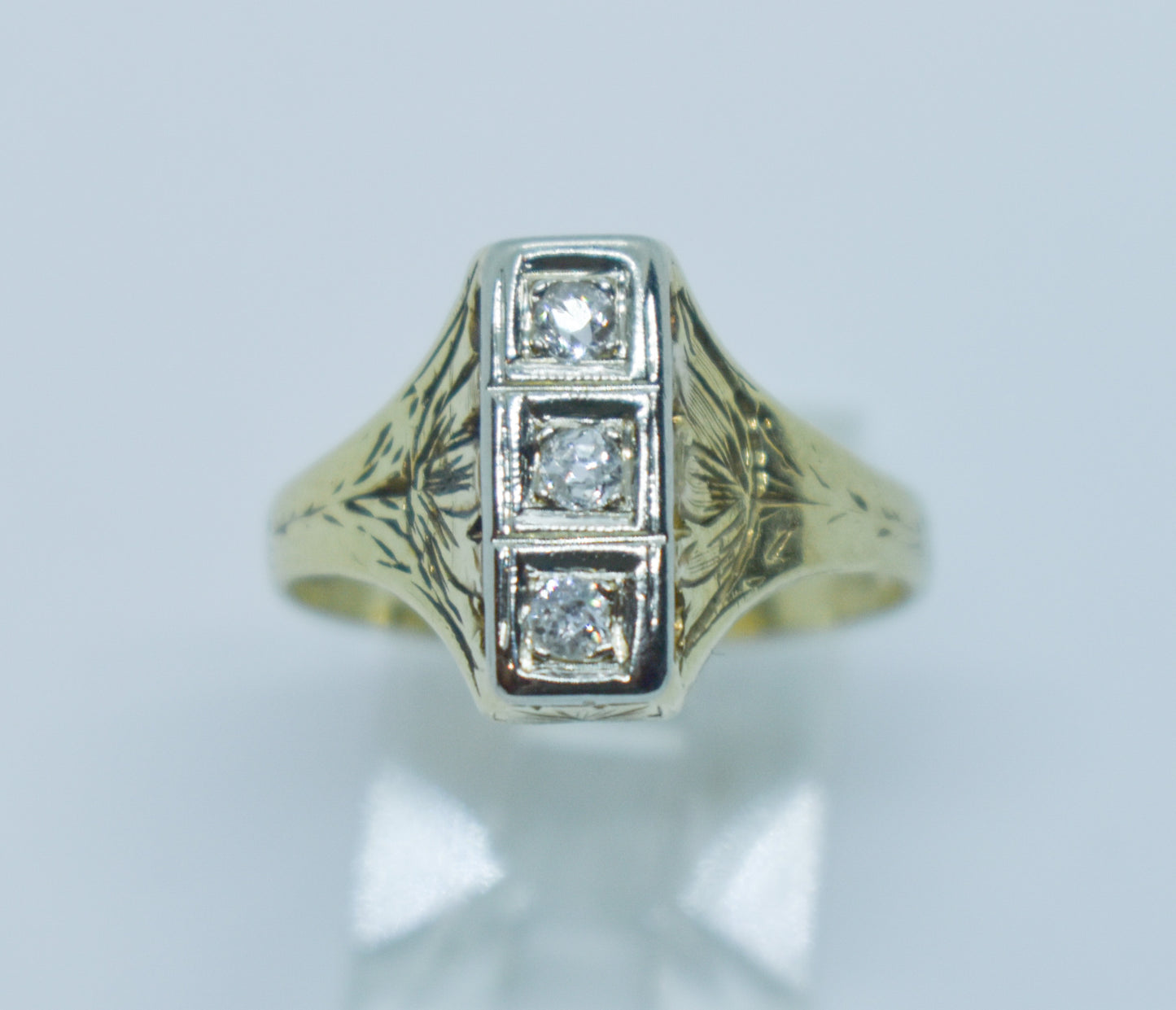 Antique 14k Yellow Gold Diamond Engraved Art Deco Dinner Ring Size 7