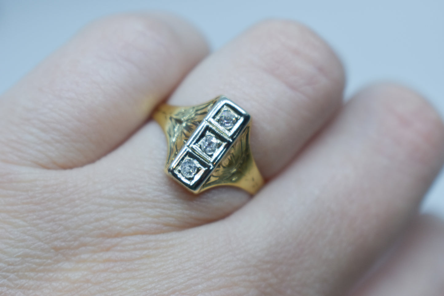 Antique 14k Yellow Gold Diamond Engraved Art Deco Dinner Ring Size 7