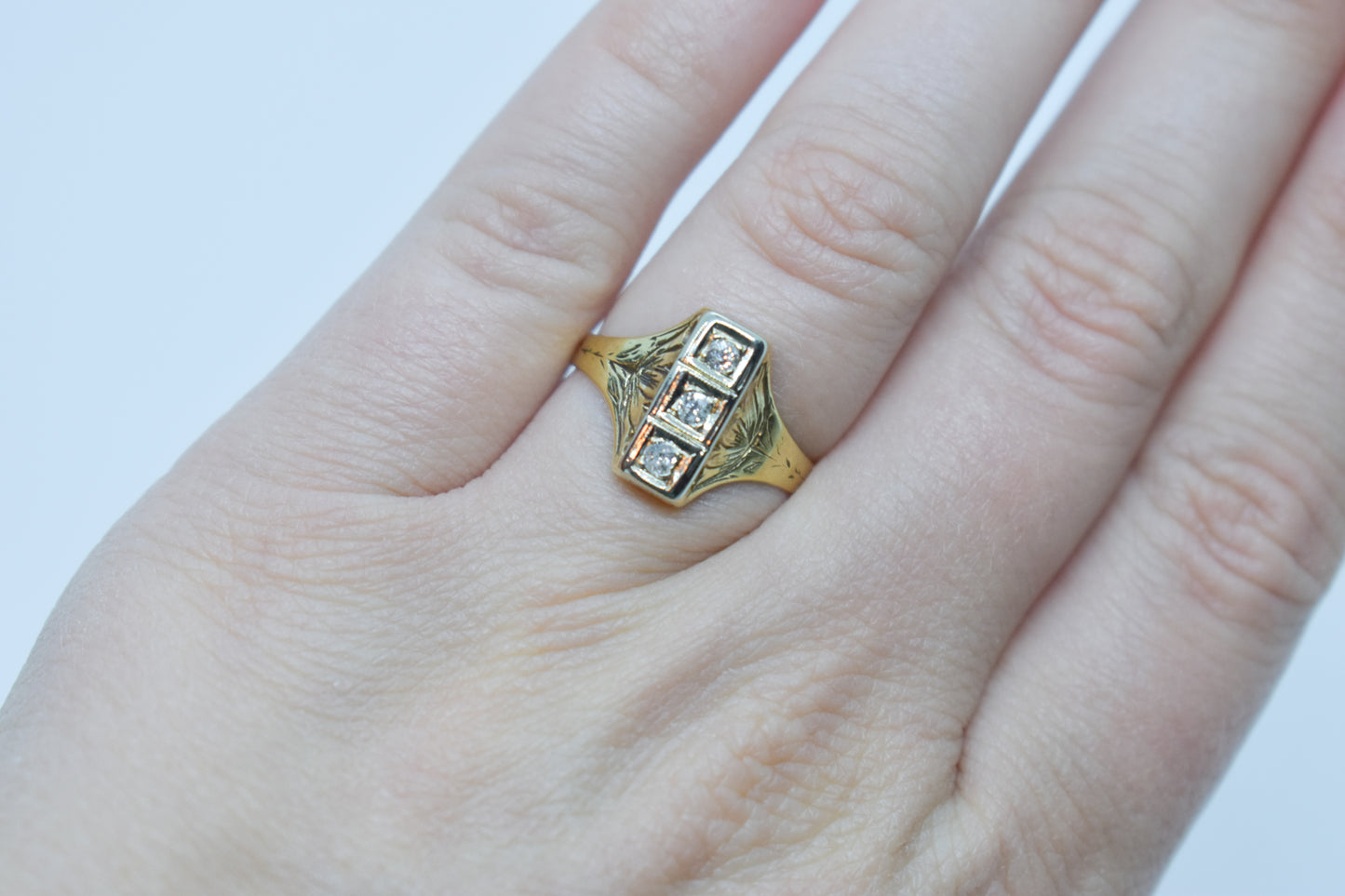 Antique 14k Yellow Gold Diamond Engraved Art Deco Dinner Ring Size 7