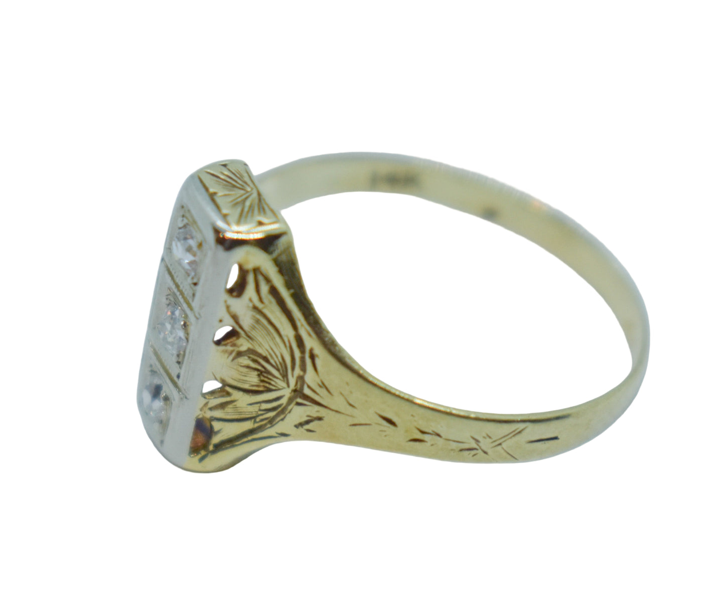 Antique 14k Yellow Gold Diamond Engraved Art Deco Dinner Ring Size 7