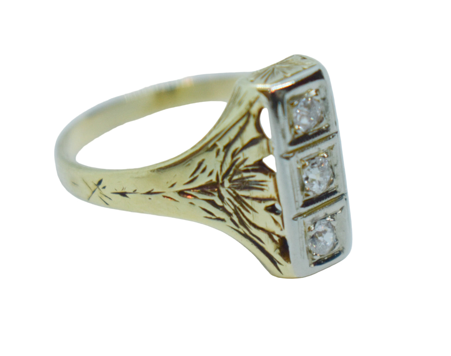 Antique 14k Yellow Gold Diamond Engraved Art Deco Dinner Ring Size 7