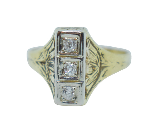 Antique 14k Yellow Gold Diamond Engraved Art Deco Dinner Ring Size 7