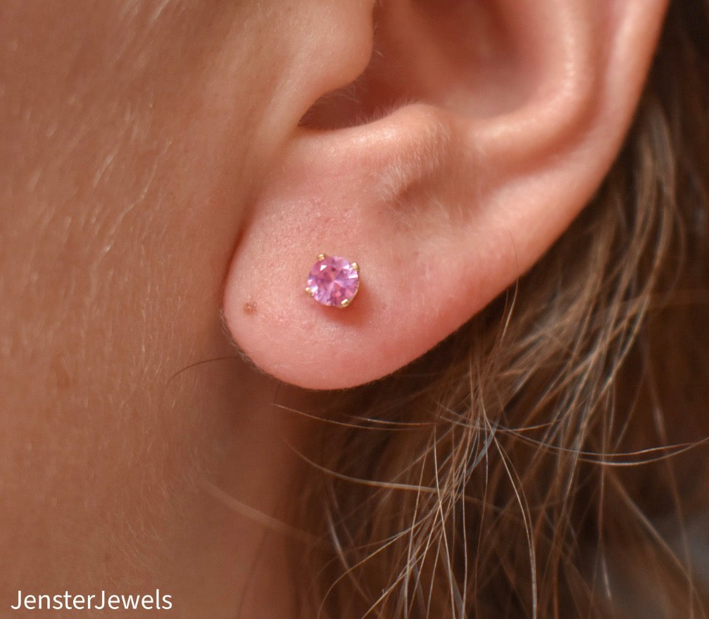 Vintage 14k Yellow Gold Pink Cubic Zirconia Stud Earrings