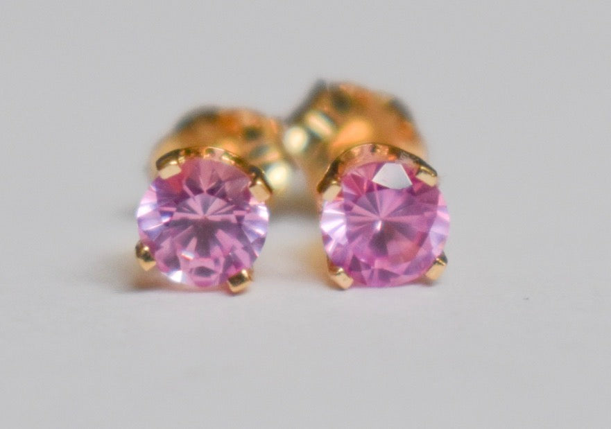 Vintage 14k Yellow Gold Pink Cubic Zirconia Stud Earrings