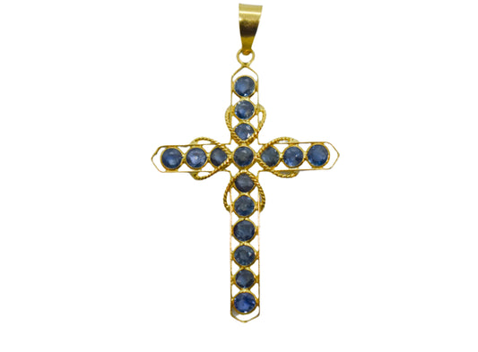 Vintage 18k Yellow Gold Sapphire Cross Pendant