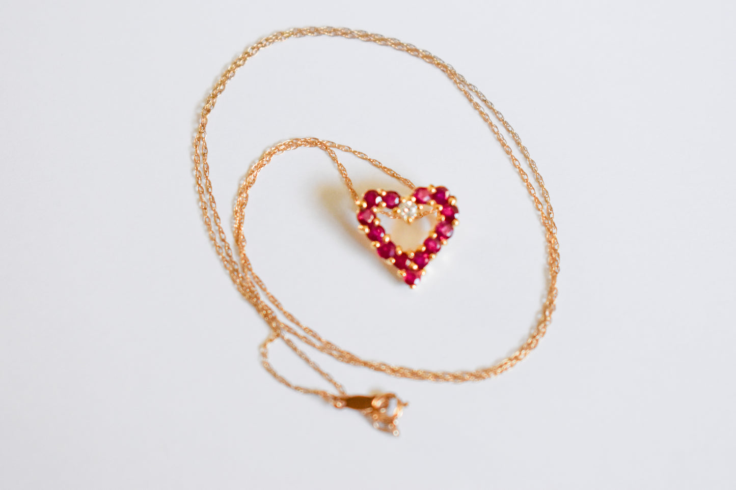 Vintage 14k Yellow Gold Ruby and Diamond Heart Pendant on Dainty Chain Necklace