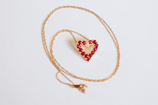 Vintage 14k Yellow Gold Ruby and Diamond Heart Pendant on Dainty Chain Necklace