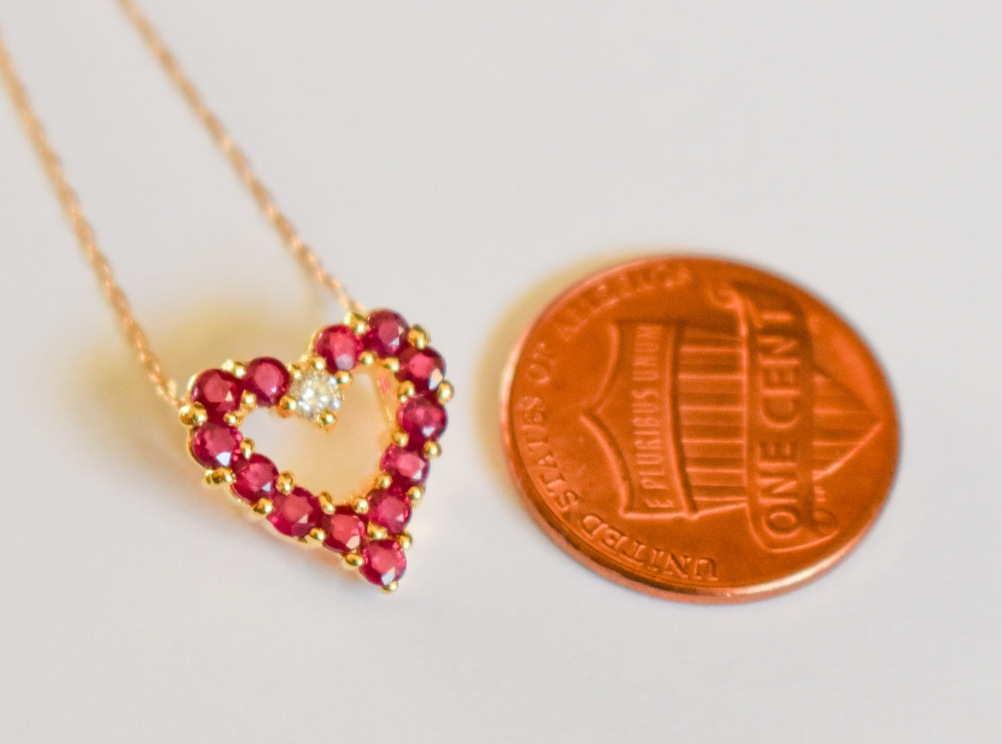 Vintage 14k Yellow Gold Ruby and Diamond Heart Pendant on Dainty Chain Necklace
