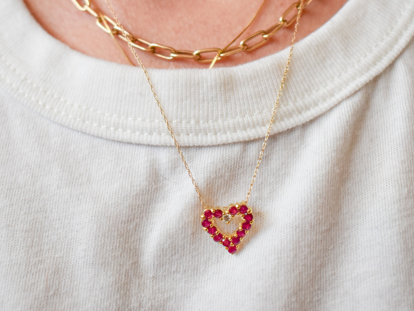Vintage 14k Yellow Gold Ruby and Diamond Heart Pendant on Dainty Chain Necklace
