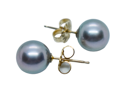 Vintage 14k Yellow Gold 7.5mm Grey Pearl Stud Earrings