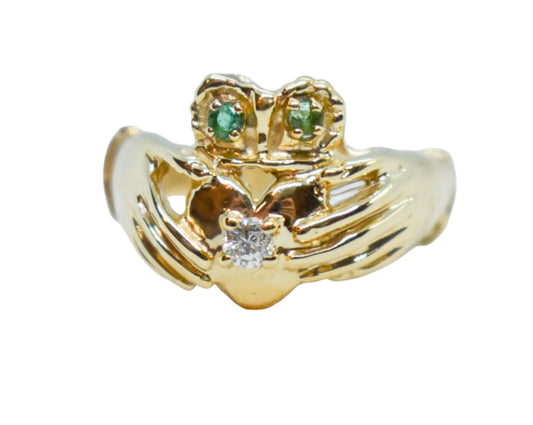 Vintage 14k Gold Claddagh Ring – Emerald & Diamond – Size 5 3/4