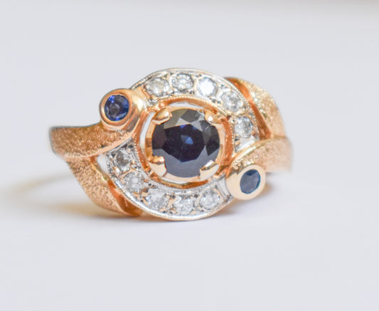 Vintage 14k Yellow Gold Sapphire and Diamond Ring Size 6 1/2