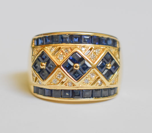 Vintage 14k Yellow Gold Sapphire and Diamond Chunky Band 5 3/4