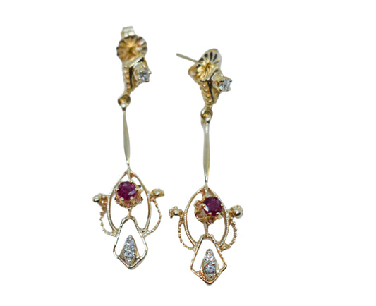 Vintage 14k Yellow Gold Ruby and Diamond Drop Earrings Antique Style