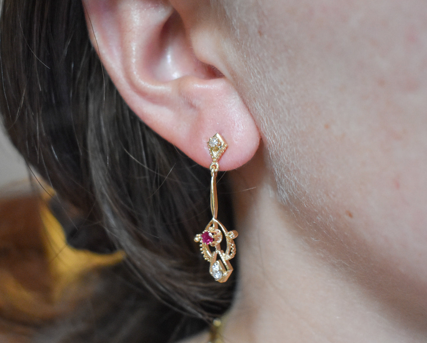 Vintage 14k Yellow Gold Ruby and Diamond Drop Earrings Antique Style