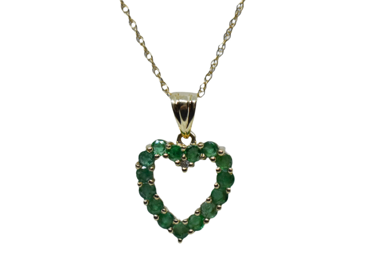Vintage 14k Yellow Gold Emerald and Diamond Heart Pendant on a Dainty 18" 14k Chain
