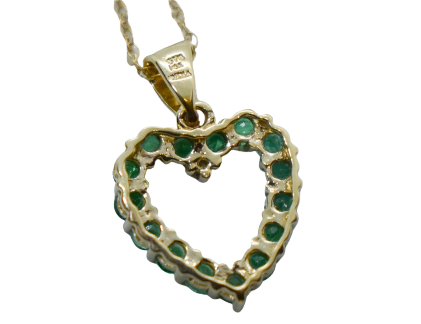 Vintage 14k Yellow Gold Emerald and Diamond Heart Pendant on a Dainty 18" 14k Chain