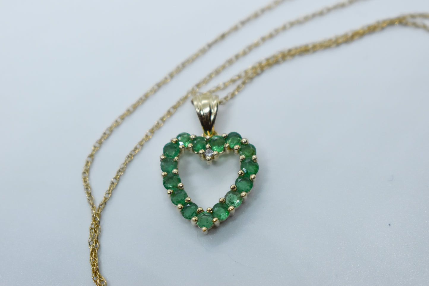 Vintage 14k Yellow Gold Emerald and Diamond Heart Pendant on a Dainty 18" 14k Chain