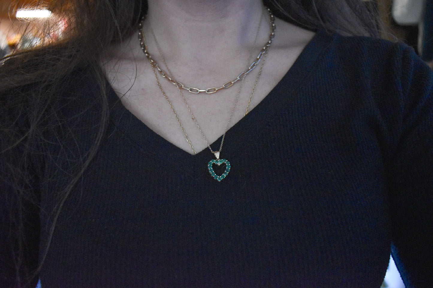 Vintage 14k Yellow Gold Emerald and Diamond Heart Pendant on a Dainty 18" 14k Chain