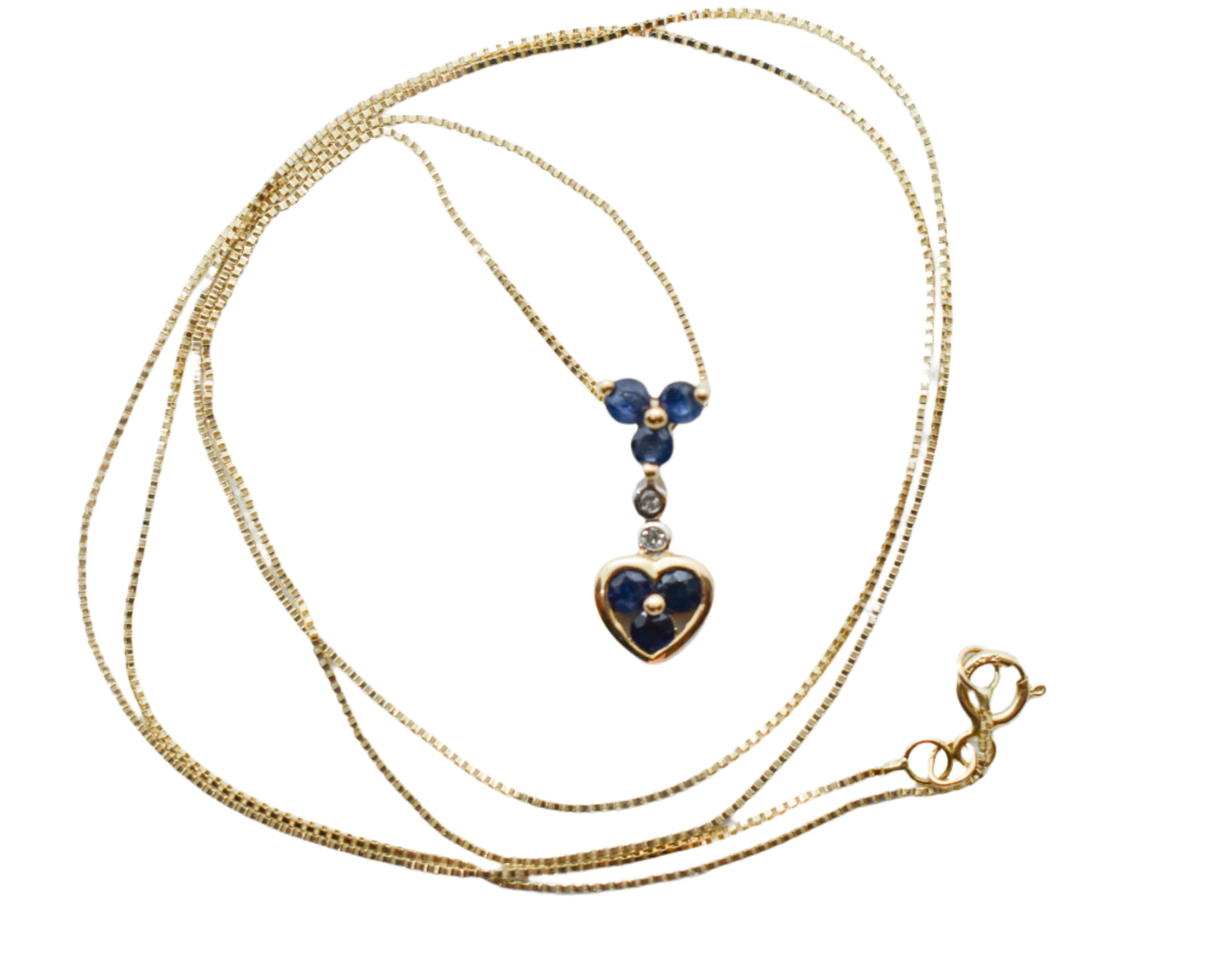 Vintage 14k Yellow Gold Sapphire and Diamond Pendant on Dainty 21" Box Chain