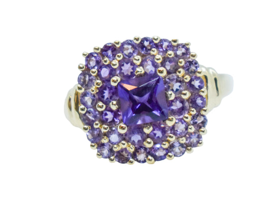 Vintage 14k Yellow Gold Amethyst Cluster Ring Size 7