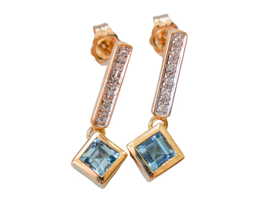 Vintage 14k Yellow Gold Diamond and Blue Topaz Dangle Earrings