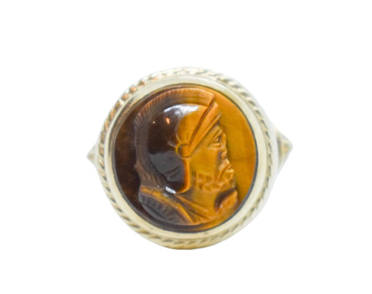 Vintage 10K Yellow Gold Carved Tiger Eye Knight Ring Size 6 1/4